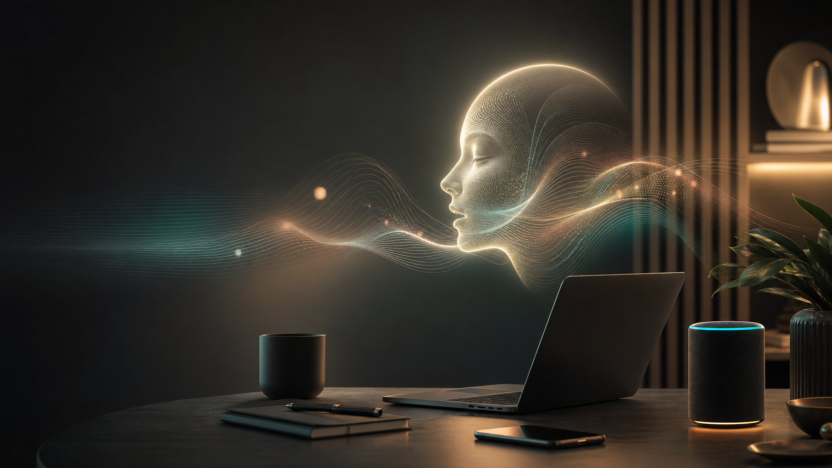 Abstract luminous voice assistant in a calm workspace